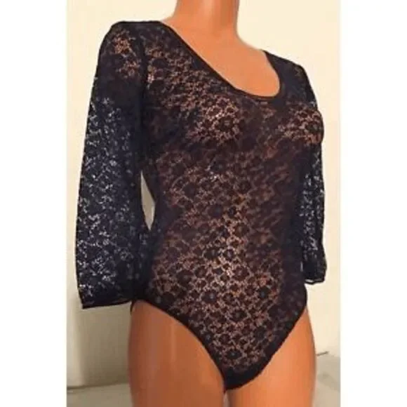 Victoria's Secret Small Dark Blue Lace Long Sleeve Bodysuit Teddy - Picture 3 of 4